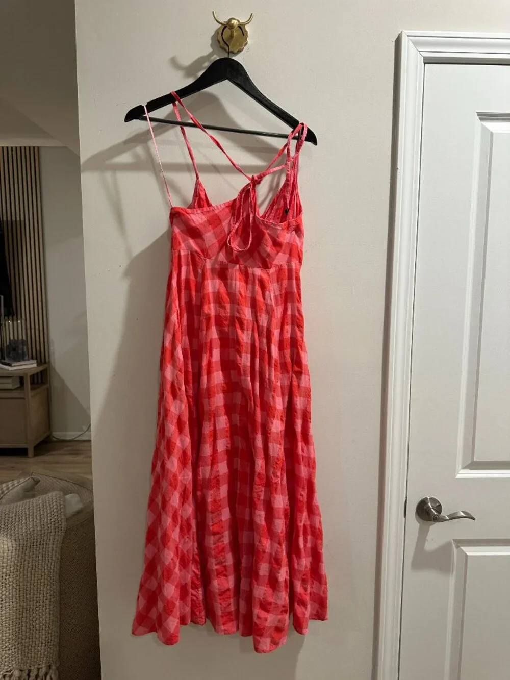 FREE PEOPLE Via Gingham Cotton Seersucker Sundress Red Combo Everly X-Small NWT